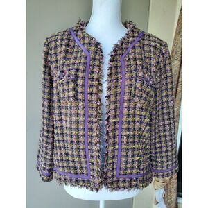 True Meaning Open Jacket Womens XL Purple Green Pink Tweed Fringe Pockets